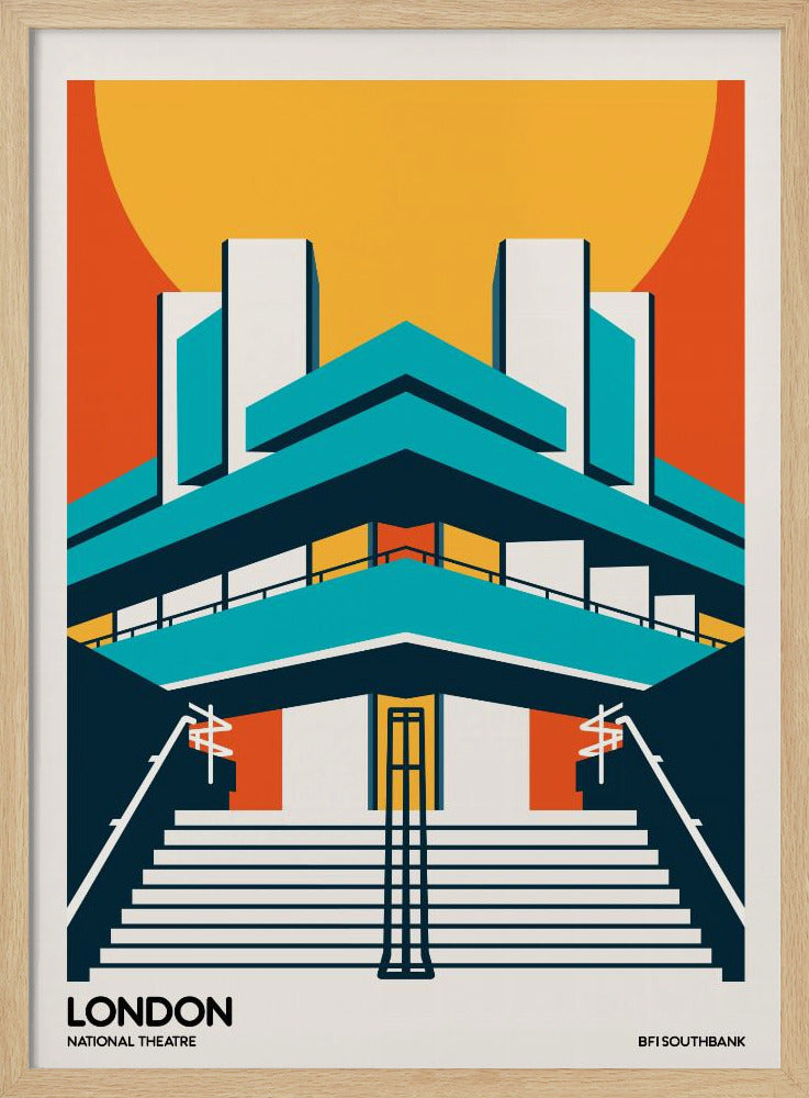 A stylized, graphic art travel poster of the National Theatre in London. The illustration uses a bold color palette of orange, yellow, and teal to depict the building's iconic Brutalist architecture against a large setting sun. Wide stairs lead up to the symmetrical facade. Text at the bottom reads 'LONDON NATIONAL THEATRE' and 'BFI SOUTHBANK'. Decor