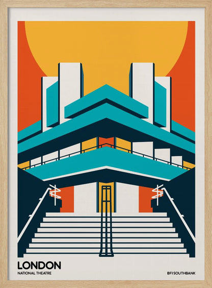 A stylized, graphic art travel poster of the National Theatre in London. The illustration uses a bold color palette of orange, yellow, and teal to depict the building's iconic Brutalist architecture against a large setting sun. Wide stairs lead up to the symmetrical facade. Text at the bottom reads 'LONDON NATIONAL THEATRE' and 'BFI SOUTHBANK'. Decor