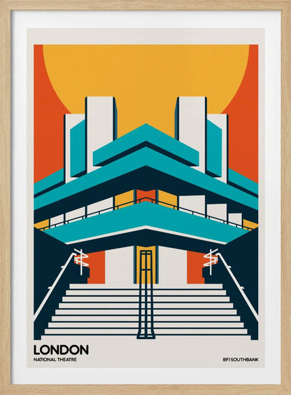A stylized, graphic art travel poster of the National Theatre in London. The illustration uses a bold color palette of orange, yellow, and teal to depict the building's iconic Brutalist architecture against a large setting sun. Wide stairs lead up to the symmetrical facade. Text at the bottom reads 'LONDON NATIONAL THEATRE' and 'BFI SOUTHBANK'. Decor