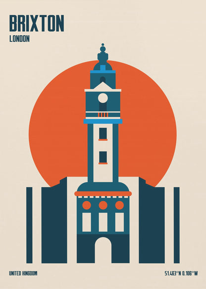 A minimalist travel poster of Brixton, London, featuring a stylized blue and white clock tower set against a large orange circle on a cream background. The text 'BRIXTON LONDON' is at the top, and 'UNITED KINGDOM' with geographic coordinates are at the bottom. The entire print is enclosed in a simple black frame. Poster