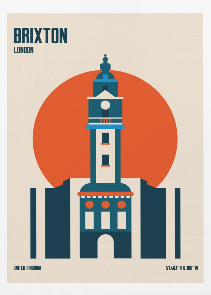 A minimalist travel poster of Brixton, London, featuring a stylized blue and white clock tower set against a large orange circle on a cream background. The text 'BRIXTON LONDON' is at the top, and 'UNITED KINGDOM' with geographic coordinates are at the bottom. The entire print is enclosed in a simple black frame. Poster