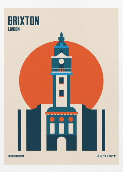 A minimalist travel poster of Brixton, London, featuring a stylized blue and white clock tower set against a large orange circle on a cream background. The text 'BRIXTON LONDON' is at the top, and 'UNITED KINGDOM' with geographic coordinates are at the bottom. The entire print is enclosed in a simple black frame. Poster
