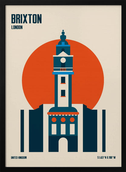 A minimalist travel poster of Brixton, London, featuring a stylized blue and white clock tower set against a large orange circle on a cream background. The text 'BRIXTON LONDON' is at the top, and 'UNITED KINGDOM' with geographic coordinates are at the bottom. The entire print is enclosed in a simple black frame. Poster