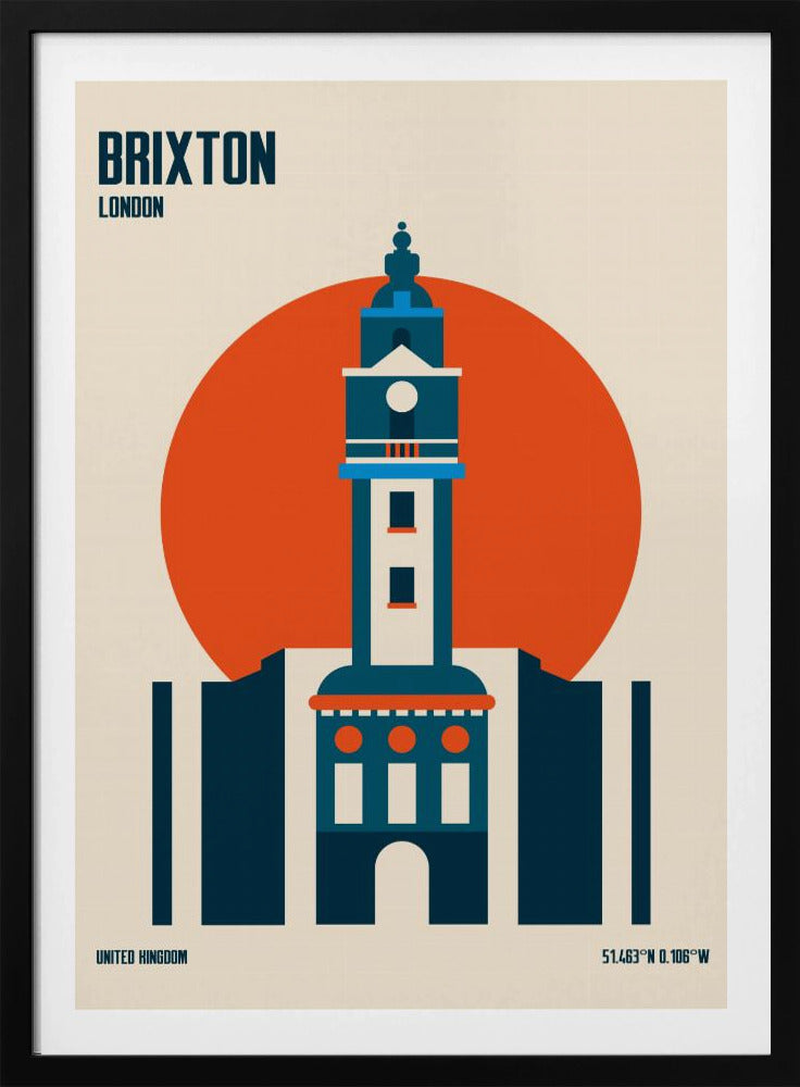 A minimalist travel poster of Brixton, London, featuring a stylized blue and white clock tower set against a large orange circle on a cream background. The text 'BRIXTON LONDON' is at the top, and 'UNITED KINGDOM' with geographic coordinates are at the bottom. The entire print is enclosed in a simple black frame. Poster