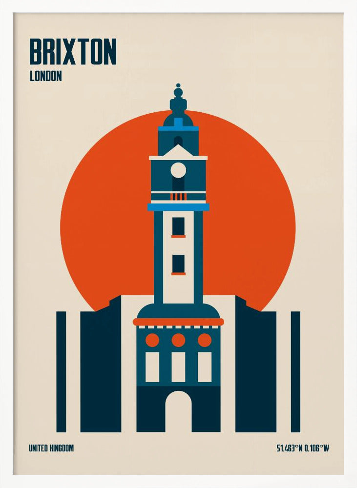 A minimalist travel poster of Brixton, London, featuring a stylized blue and white clock tower set against a large orange circle on a cream background. The text 'BRIXTON LONDON' is at the top, and 'UNITED KINGDOM' with geographic coordinates are at the bottom. The entire print is enclosed in a simple black frame. Poster