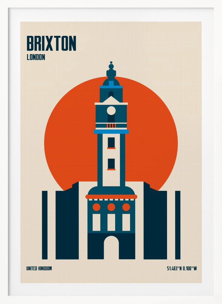 A minimalist travel poster of Brixton, London, featuring a stylized blue and white clock tower set against a large orange circle on a cream background. The text 'BRIXTON LONDON' is at the top, and 'UNITED KINGDOM' with geographic coordinates are at the bottom. The entire print is enclosed in a simple black frame. Poster