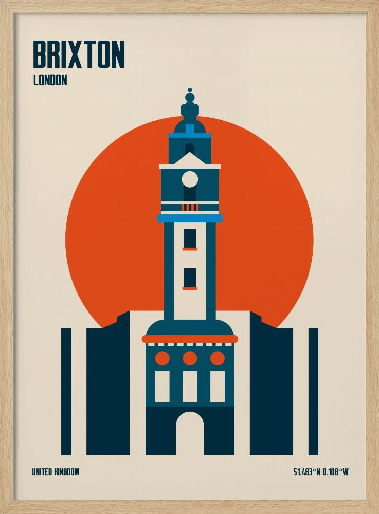 A minimalist travel poster of Brixton, London, featuring a stylized blue and white clock tower set against a large orange circle on a cream background. The text 'BRIXTON LONDON' is at the top, and 'UNITED KINGDOM' with geographic coordinates are at the bottom. The entire print is enclosed in a simple black frame. Poster