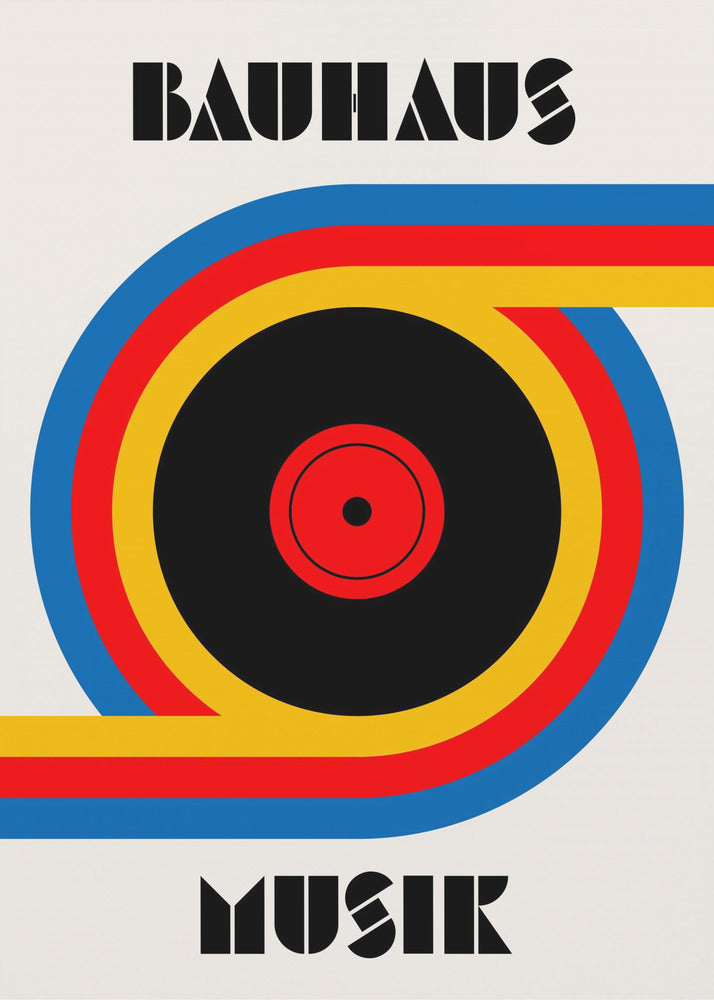 A Bauhaus style poster with the word 'BAUHAUS' at the top and 'MUSIK' at the bottom in a black geometric font. The central image is a stylized vinyl record made of bold blue, red, and yellow stripes against an off-white background, all enclosed in a thin black frame. Print
