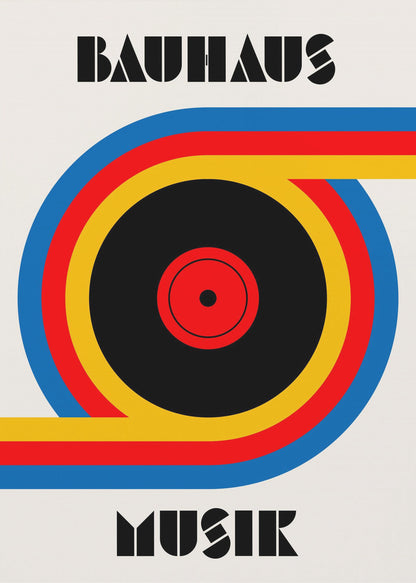 A Bauhaus style poster with the word 'BAUHAUS' at the top and 'MUSIK' at the bottom in a black geometric font. The central image is a stylized vinyl record made of bold blue, red, and yellow stripes against an off-white background, all enclosed in a thin black frame. Print
