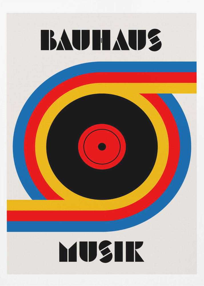 A Bauhaus style poster with the word 'BAUHAUS' at the top and 'MUSIK' at the bottom in a black geometric font. The central image is a stylized vinyl record made of bold blue, red, and yellow stripes against an off-white background, all enclosed in a thin black frame. Print