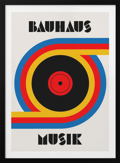 A Bauhaus style poster with the word 'BAUHAUS' at the top and 'MUSIK' at the bottom in a black geometric font. The central image is a stylized vinyl record made of bold blue, red, and yellow stripes against an off-white background, all enclosed in a thin black frame. Print