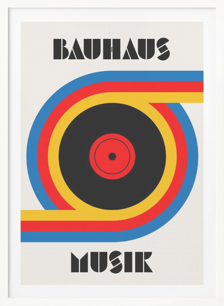 A Bauhaus style poster with the word 'BAUHAUS' at the top and 'MUSIK' at the bottom in a black geometric font. The central image is a stylized vinyl record made of bold blue, red, and yellow stripes against an off-white background, all enclosed in a thin black frame. Print