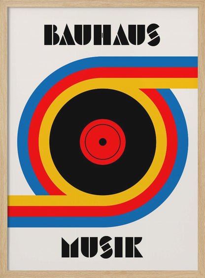 A Bauhaus style poster with the word 'BAUHAUS' at the top and 'MUSIK' at the bottom in a black geometric font. The central image is a stylized vinyl record made of bold blue, red, and yellow stripes against an off-white background, all enclosed in a thin black frame. Print