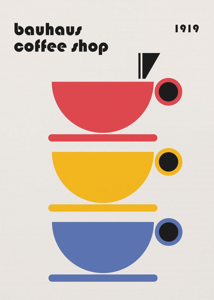 A minimalist Bauhaus-style poster titled 'bauhaus coffee shop 1919'. The artwork features a vertical stack of three stylized coffee cups in primary colors—red, yellow, and blue—on a light cream background, all rendered in simple geometric shapes. Poster