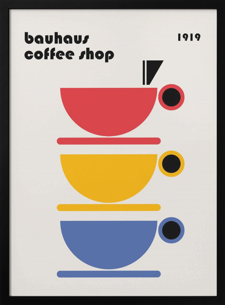 A minimalist Bauhaus-style poster titled 'bauhaus coffee shop 1919'. The artwork features a vertical stack of three stylized coffee cups in primary colors—red, yellow, and blue—on a light cream background, all rendered in simple geometric shapes. Poster