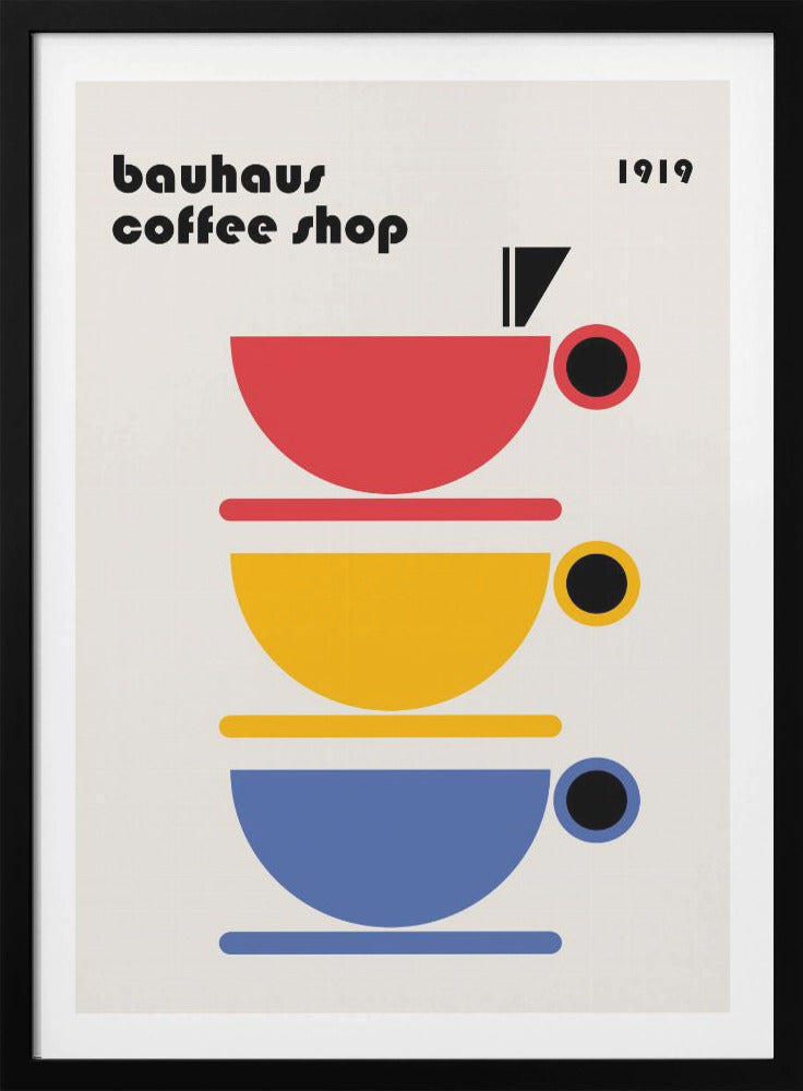 A minimalist Bauhaus-style poster titled 'bauhaus coffee shop 1919'. The artwork features a vertical stack of three stylized coffee cups in primary colors—red, yellow, and blue—on a light cream background, all rendered in simple geometric shapes. Poster