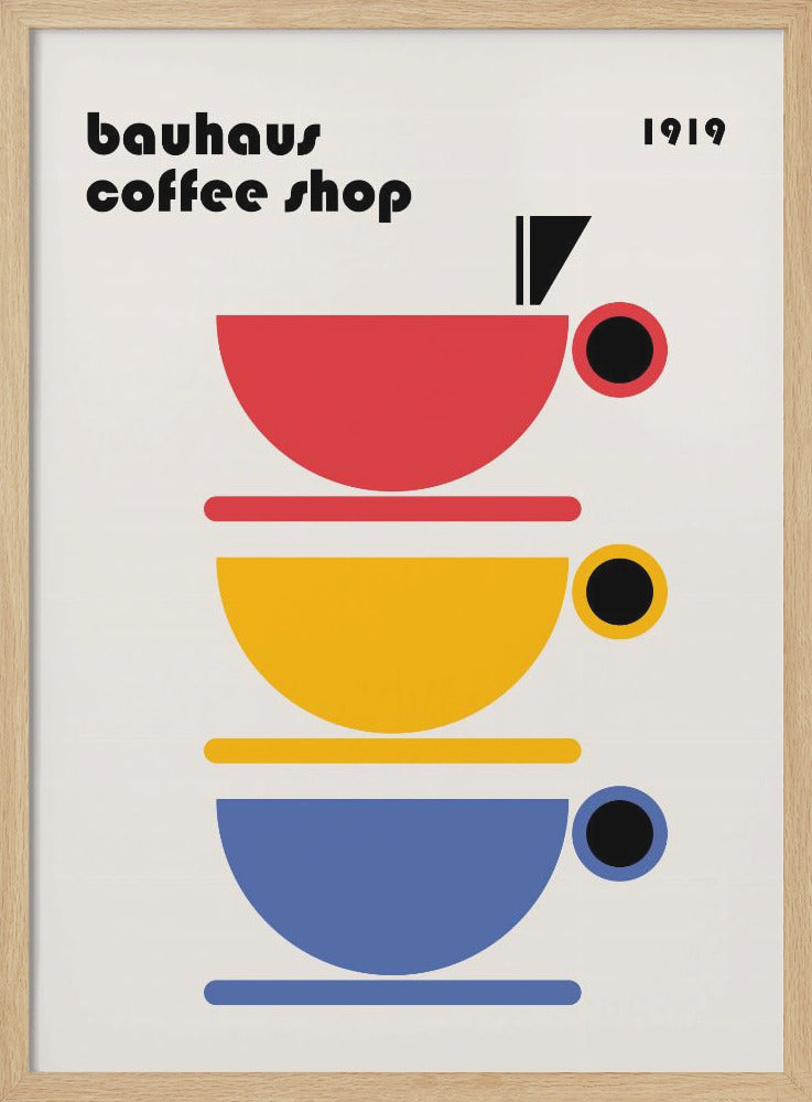 A minimalist Bauhaus-style poster titled 'bauhaus coffee shop 1919'. The artwork features a vertical stack of three stylized coffee cups in primary colors—red, yellow, and blue—on a light cream background, all rendered in simple geometric shapes. Poster