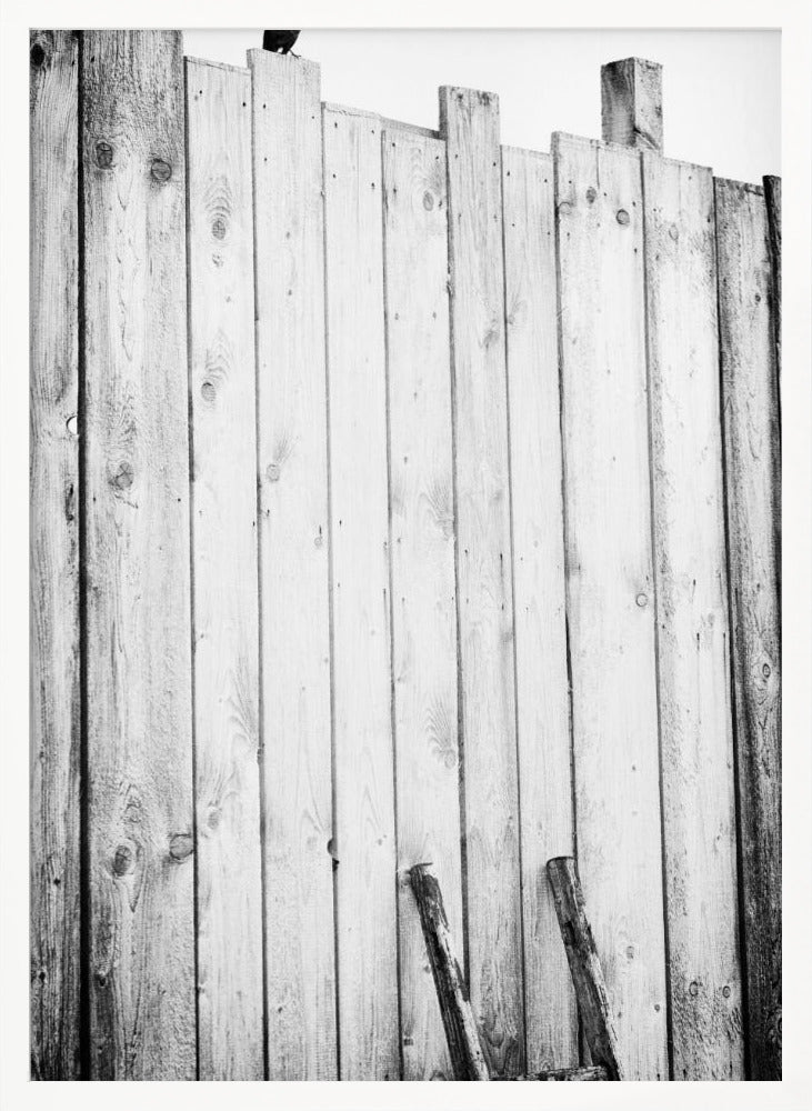A black and white, low-angle photograph of a weathered wooden plank fence. The vertical planks are of varying heights, creating an uneven top line against a pale sky. The focus is on the texture of the wood, showing prominent grain, knots, and nail holes, all framed in black. Poster