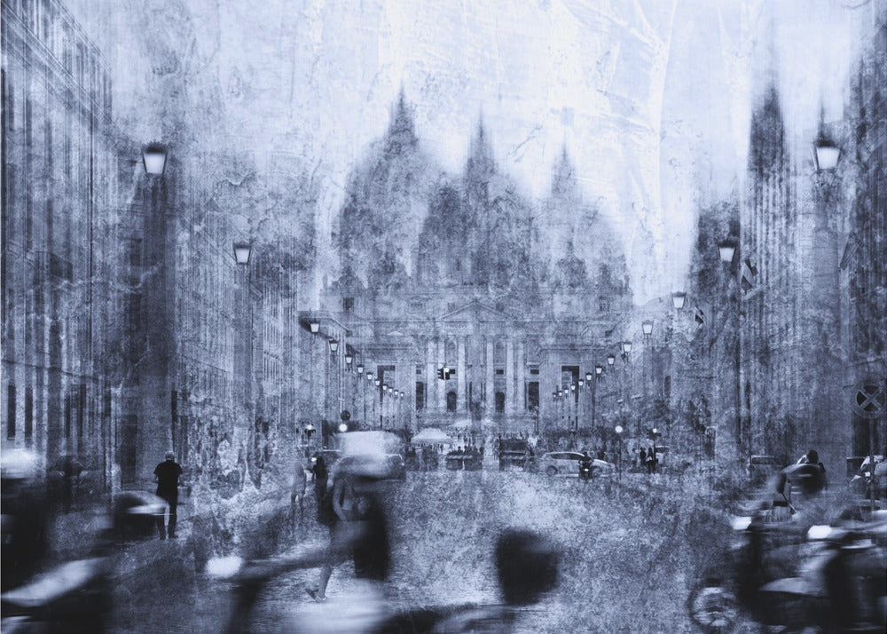 A stylized, heavily textured photograph of a busy city street in shades of blue, grey, and white. A grand, domed building stands at the end of the street, while the figures of people and vehicles in the foreground are blurred with motion, creating a dynamic and atmospheric scene. The entire image has a distressed, weathered appearance and is set within a silver frame. Print