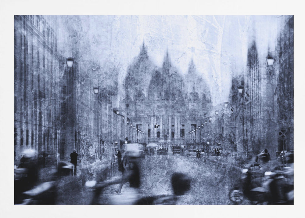 A stylized, heavily textured photograph of a busy city street in shades of blue, grey, and white. A grand, domed building stands at the end of the street, while the figures of people and vehicles in the foreground are blurred with motion, creating a dynamic and atmospheric scene. The entire image has a distressed, weathered appearance and is set within a silver frame. Print