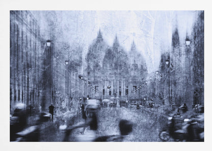 A stylized, heavily textured photograph of a busy city street in shades of blue, grey, and white. A grand, domed building stands at the end of the street, while the figures of people and vehicles in the foreground are blurred with motion, creating a dynamic and atmospheric scene. The entire image has a distressed, weathered appearance and is set within a silver frame. Print