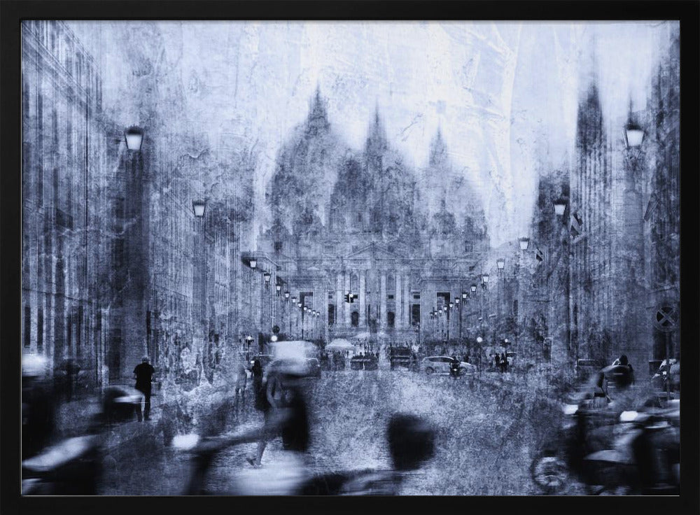 A stylized, heavily textured photograph of a busy city street in shades of blue, grey, and white. A grand, domed building stands at the end of the street, while the figures of people and vehicles in the foreground are blurred with motion, creating a dynamic and atmospheric scene. The entire image has a distressed, weathered appearance and is set within a silver frame. Print