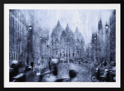 A stylized, heavily textured photograph of a busy city street in shades of blue, grey, and white. A grand, domed building stands at the end of the street, while the figures of people and vehicles in the foreground are blurred with motion, creating a dynamic and atmospheric scene. The entire image has a distressed, weathered appearance and is set within a silver frame. Print