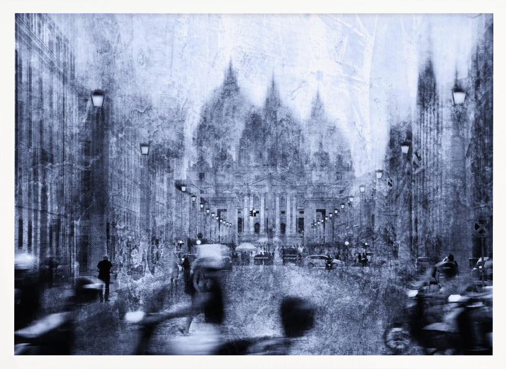 A stylized, heavily textured photograph of a busy city street in shades of blue, grey, and white. A grand, domed building stands at the end of the street, while the figures of people and vehicles in the foreground are blurred with motion, creating a dynamic and atmospheric scene. The entire image has a distressed, weathered appearance and is set within a silver frame. Print