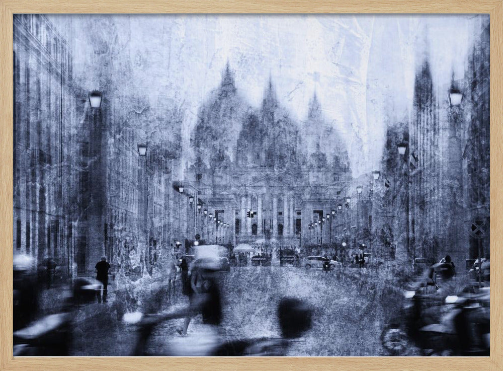 A stylized, heavily textured photograph of a busy city street in shades of blue, grey, and white. A grand, domed building stands at the end of the street, while the figures of people and vehicles in the foreground are blurred with motion, creating a dynamic and atmospheric scene. The entire image has a distressed, weathered appearance and is set within a silver frame. Print