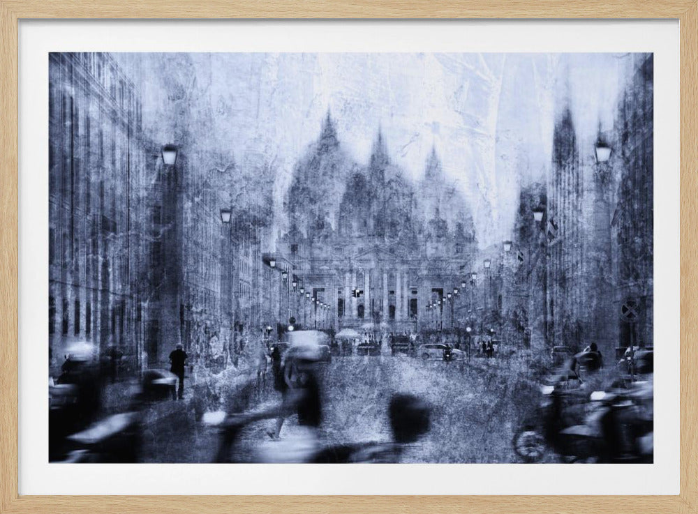 A stylized, heavily textured photograph of a busy city street in shades of blue, grey, and white. A grand, domed building stands at the end of the street, while the figures of people and vehicles in the foreground are blurred with motion, creating a dynamic and atmospheric scene. The entire image has a distressed, weathered appearance and is set within a silver frame. Print