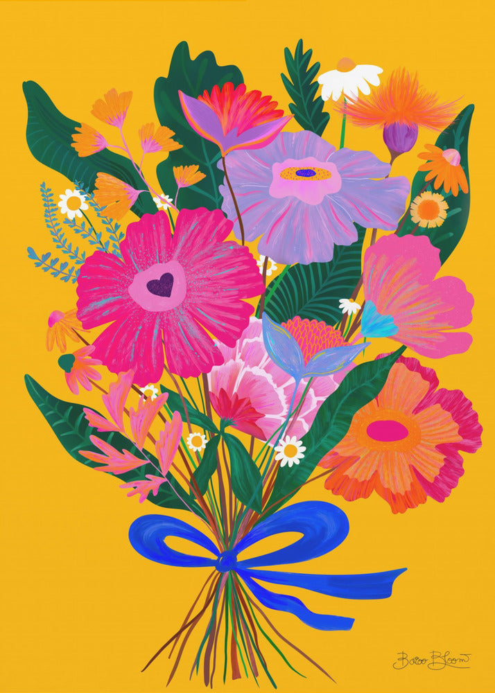 A vibrant, folk-art style illustration of a colorful bouquet of flowers against a solid yellow background. The flowers are in bright shades of pink, purple, and orange, tied together with a bold blue ribbon. The artwork is presented within a thin black frame. Wall Art