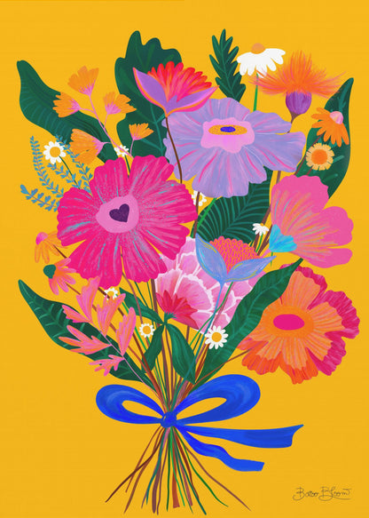 A vibrant, folk-art style illustration of a colorful bouquet of flowers against a solid yellow background. The flowers are in bright shades of pink, purple, and orange, tied together with a bold blue ribbon. The artwork is presented within a thin black frame. Wall Art