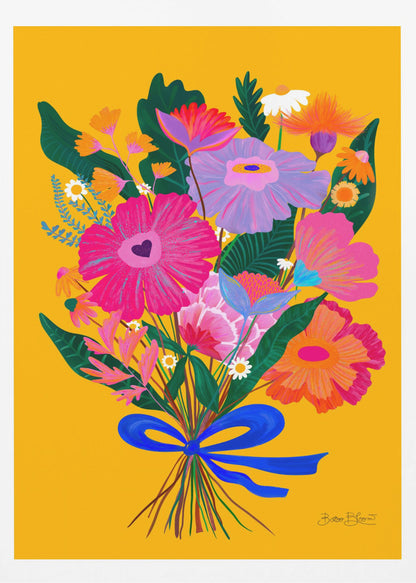A vibrant, folk-art style illustration of a colorful bouquet of flowers against a solid yellow background. The flowers are in bright shades of pink, purple, and orange, tied together with a bold blue ribbon. The artwork is presented within a thin black frame. Wall Art