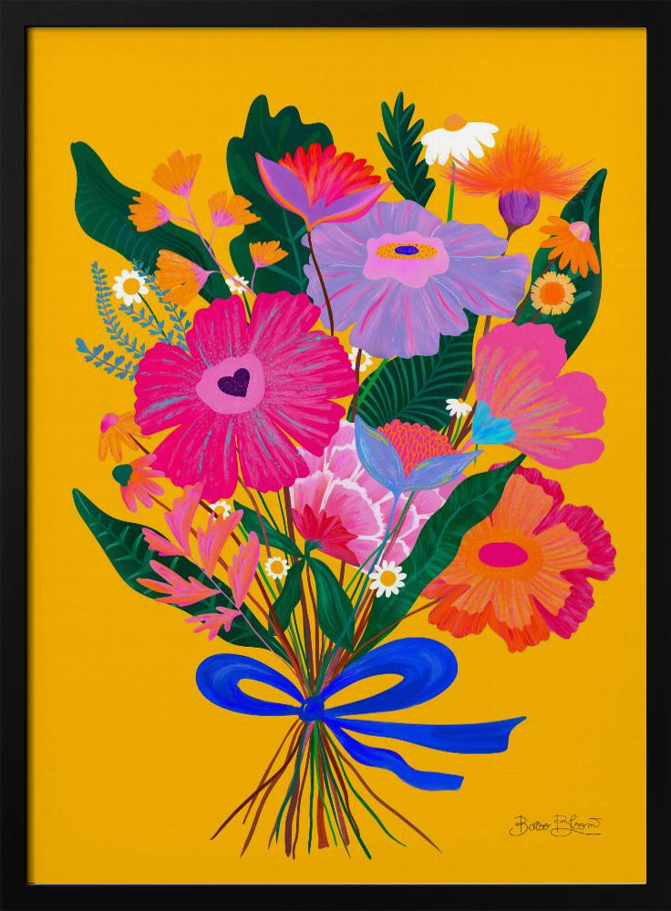 A vibrant, folk-art style illustration of a colorful bouquet of flowers against a solid yellow background. The flowers are in bright shades of pink, purple, and orange, tied together with a bold blue ribbon. The artwork is presented within a thin black frame. Wall Art