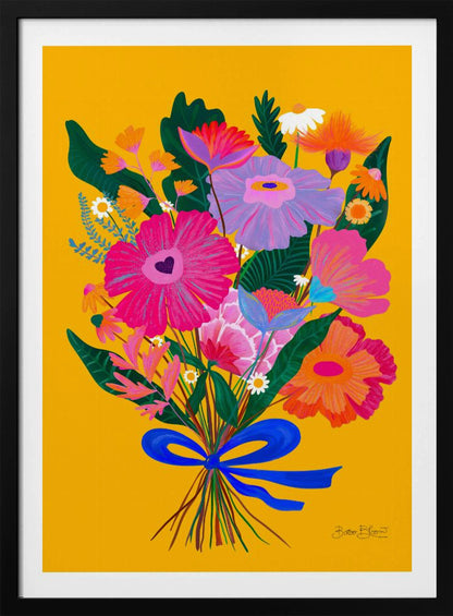 A vibrant, folk-art style illustration of a colorful bouquet of flowers against a solid yellow background. The flowers are in bright shades of pink, purple, and orange, tied together with a bold blue ribbon. The artwork is presented within a thin black frame. Wall Art