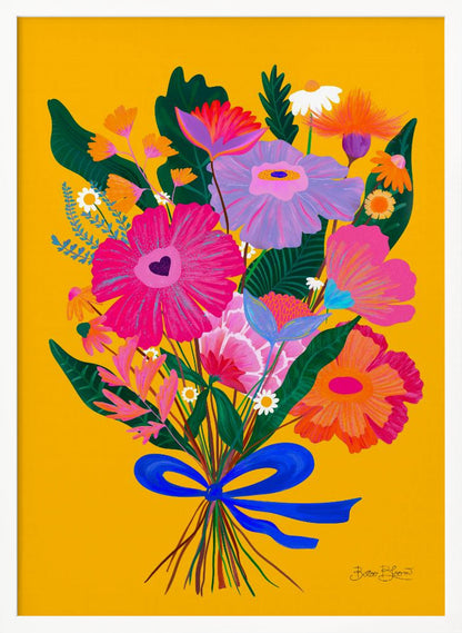 A vibrant, folk-art style illustration of a colorful bouquet of flowers against a solid yellow background. The flowers are in bright shades of pink, purple, and orange, tied together with a bold blue ribbon. The artwork is presented within a thin black frame. Wall Art