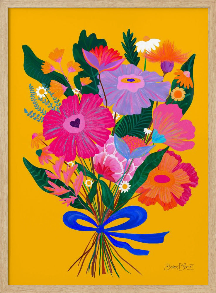 A vibrant, folk-art style illustration of a colorful bouquet of flowers against a solid yellow background. The flowers are in bright shades of pink, purple, and orange, tied together with a bold blue ribbon. The artwork is presented within a thin black frame. Wall Art