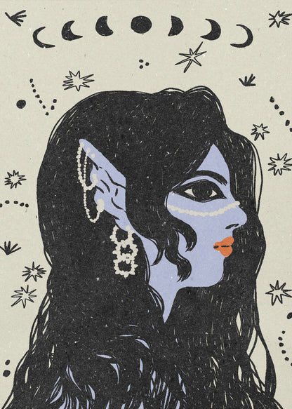 A stylized illustration of a woman in profile with light blue skin, long black hair, and pointed elven ears decorated with white jewelry. Her lips are orange, and she looks to the right. The background is a light cream color with black drawings of stars, constellations, and the phases of the moon above her head. Wall Art