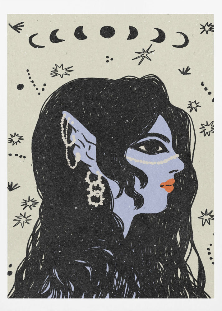 A stylized illustration of a woman in profile with light blue skin, long black hair, and pointed elven ears decorated with white jewelry. Her lips are orange, and she looks to the right. The background is a light cream color with black drawings of stars, constellations, and the phases of the moon above her head. Wall Art