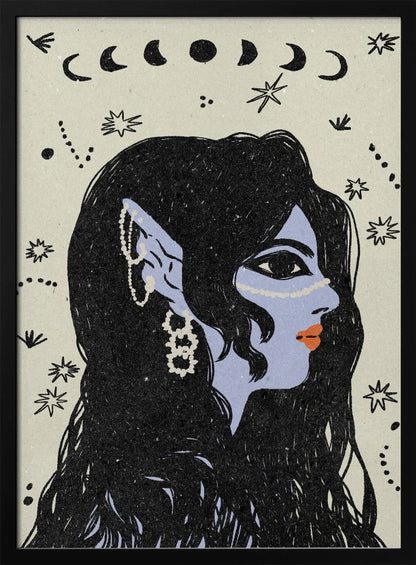 A stylized illustration of a woman in profile with light blue skin, long black hair, and pointed elven ears decorated with white jewelry. Her lips are orange, and she looks to the right. The background is a light cream color with black drawings of stars, constellations, and the phases of the moon above her head. Wall Art