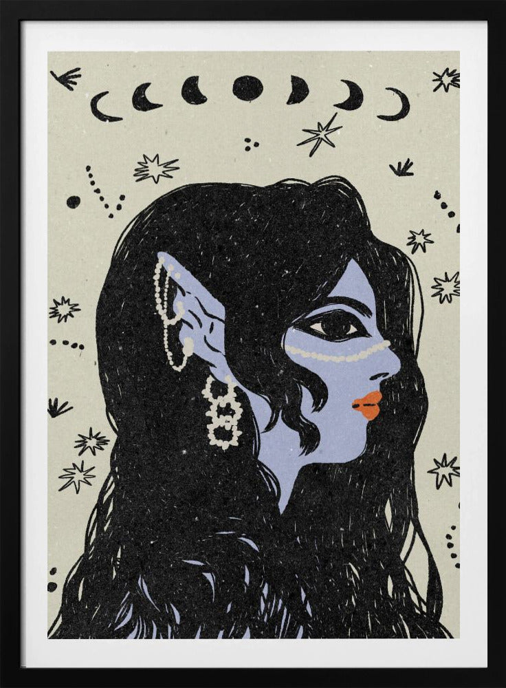 A stylized illustration of a woman in profile with light blue skin, long black hair, and pointed elven ears decorated with white jewelry. Her lips are orange, and she looks to the right. The background is a light cream color with black drawings of stars, constellations, and the phases of the moon above her head. Wall Art