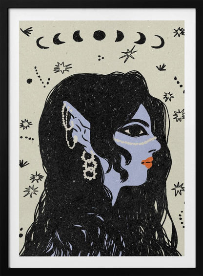 A stylized illustration of a woman in profile with light blue skin, long black hair, and pointed elven ears decorated with white jewelry. Her lips are orange, and she looks to the right. The background is a light cream color with black drawings of stars, constellations, and the phases of the moon above her head. Wall Art