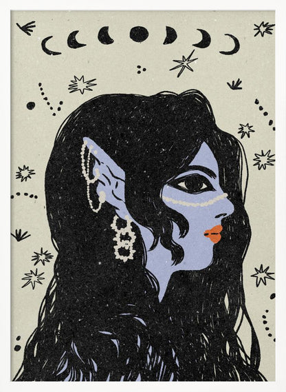 A stylized illustration of a woman in profile with light blue skin, long black hair, and pointed elven ears decorated with white jewelry. Her lips are orange, and she looks to the right. The background is a light cream color with black drawings of stars, constellations, and the phases of the moon above her head. Wall Art