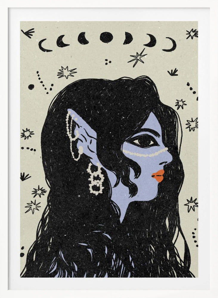 A stylized illustration of a woman in profile with light blue skin, long black hair, and pointed elven ears decorated with white jewelry. Her lips are orange, and she looks to the right. The background is a light cream color with black drawings of stars, constellations, and the phases of the moon above her head. Wall Art