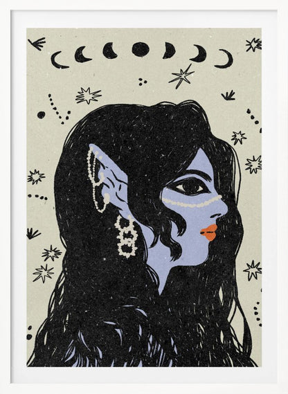 A stylized illustration of a woman in profile with light blue skin, long black hair, and pointed elven ears decorated with white jewelry. Her lips are orange, and she looks to the right. The background is a light cream color with black drawings of stars, constellations, and the phases of the moon above her head. Wall Art