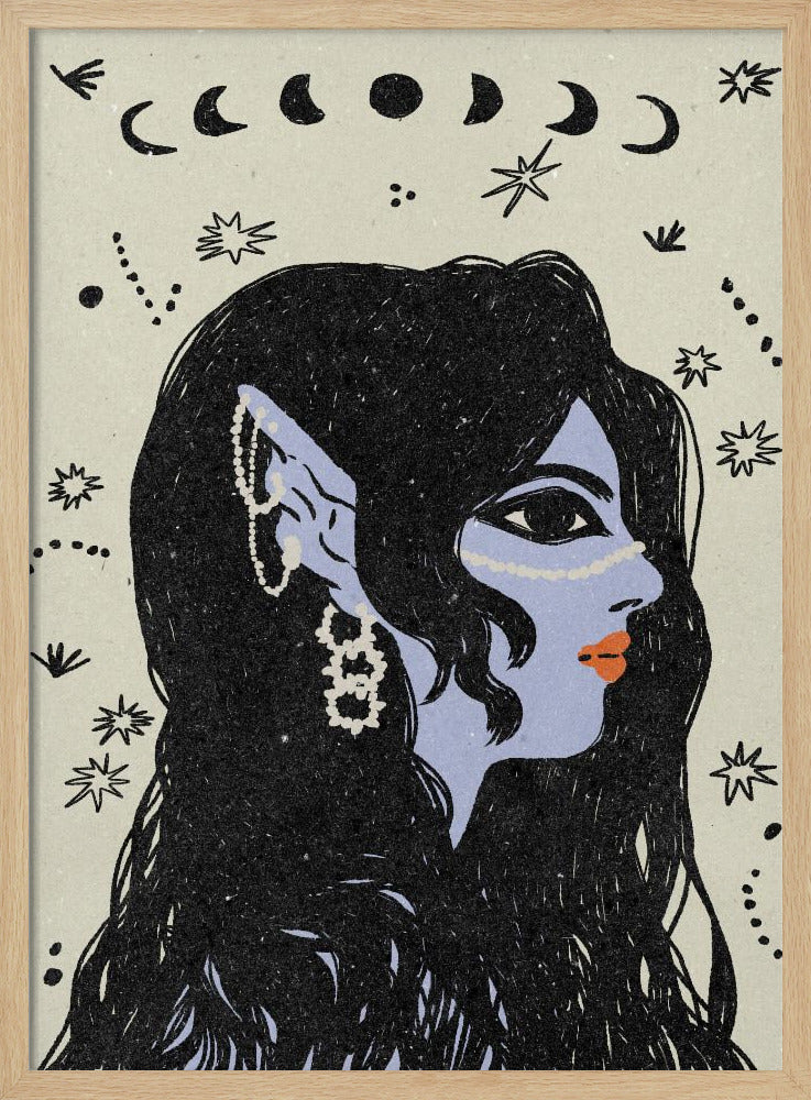 A stylized illustration of a woman in profile with light blue skin, long black hair, and pointed elven ears decorated with white jewelry. Her lips are orange, and she looks to the right. The background is a light cream color with black drawings of stars, constellations, and the phases of the moon above her head. Wall Art