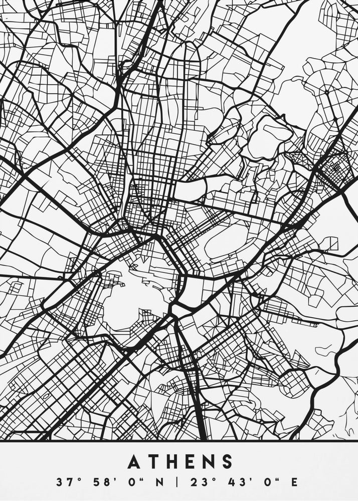 A minimalist black and white poster of a street map of Athens, Greece, enclosed in a simple black frame. The map consists of intricate black lines on a white background, showing the city's road network. At the bottom, centered, is the text 'ATHENS' in a bold, uppercase font, with its geographical coordinates '37° 58' 0" N | 23° 43' 0" E' listed below. Poster