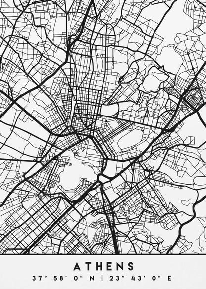 A minimalist black and white poster of a street map of Athens, Greece, enclosed in a simple black frame. The map consists of intricate black lines on a white background, showing the city's road network. At the bottom, centered, is the text 'ATHENS' in a bold, uppercase font, with its geographical coordinates '37° 58' 0" N | 23° 43' 0" E' listed below. Poster