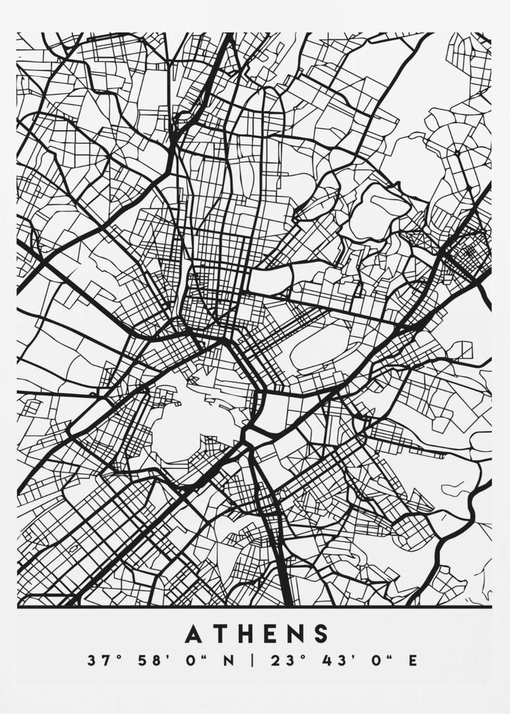 A minimalist black and white poster of a street map of Athens, Greece, enclosed in a simple black frame. The map consists of intricate black lines on a white background, showing the city's road network. At the bottom, centered, is the text 'ATHENS' in a bold, uppercase font, with its geographical coordinates '37° 58' 0" N | 23° 43' 0" E' listed below. Poster