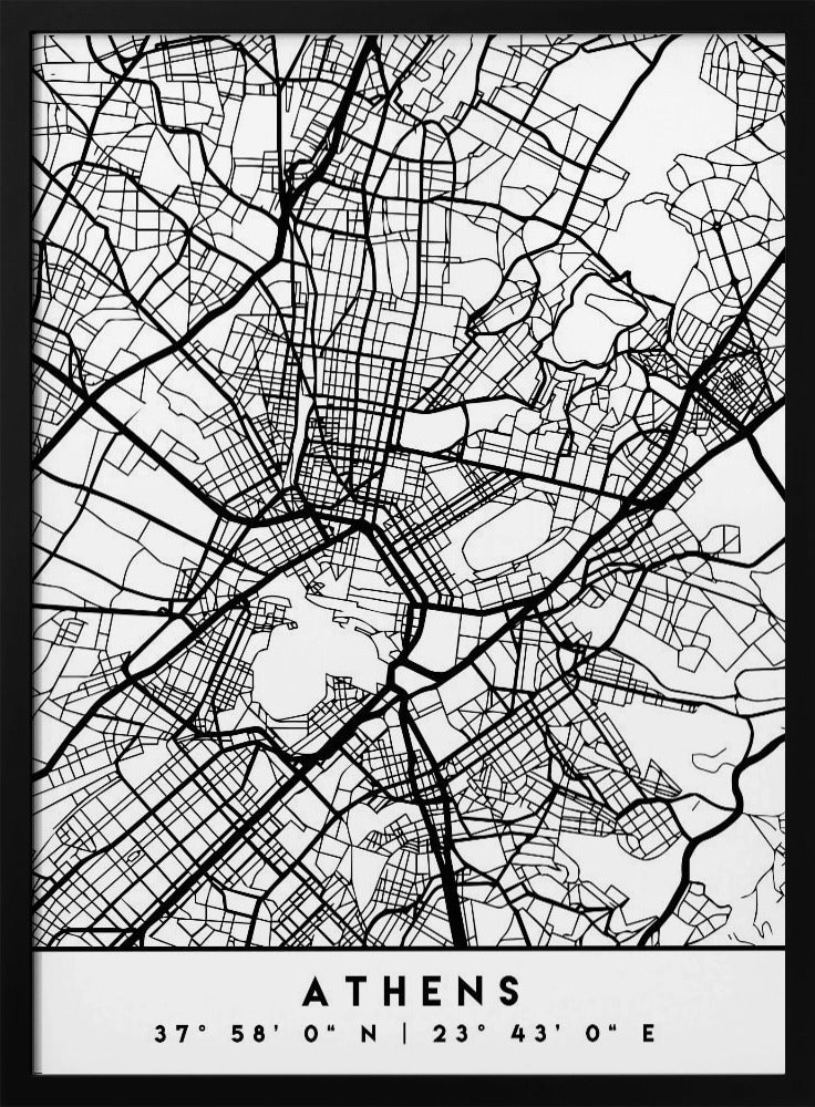 A minimalist black and white poster of a street map of Athens, Greece, enclosed in a simple black frame. The map consists of intricate black lines on a white background, showing the city's road network. At the bottom, centered, is the text 'ATHENS' in a bold, uppercase font, with its geographical coordinates '37° 58' 0" N | 23° 43' 0" E' listed below. Poster